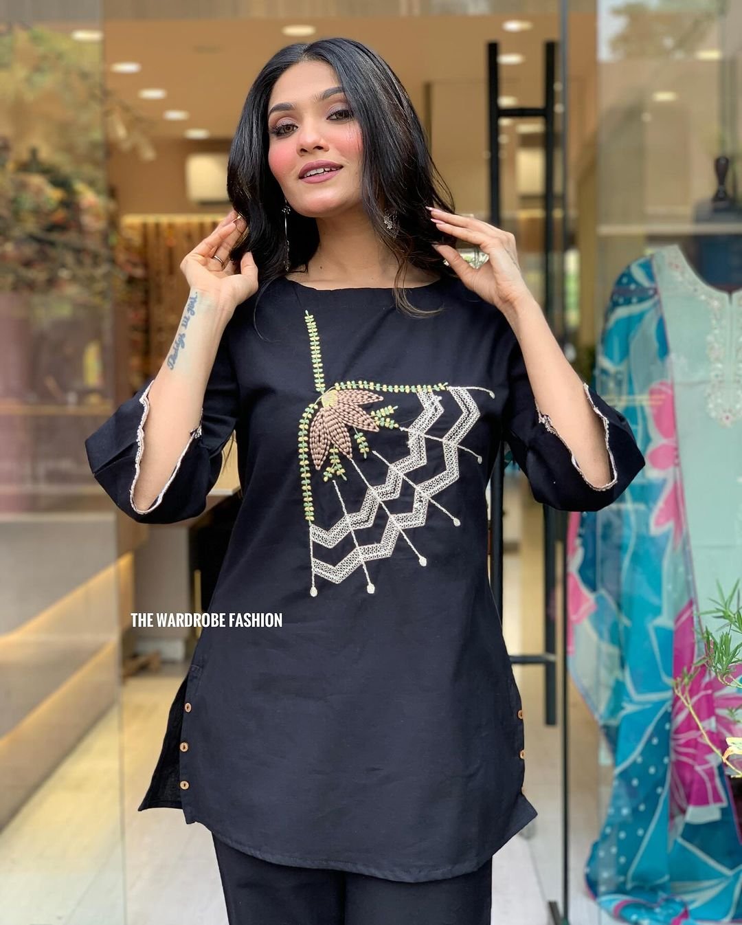 Black Cotton Flex Embroidered Co-Ord Set